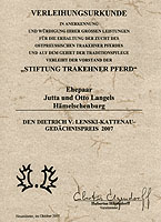 Verleihungsurkunde des Dietrich v. Lenski-Kattenau-Gedchtnispreises 2007 fr Jutta u. Otto Langels